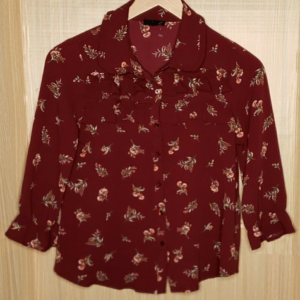 EAM Womens Red Floral Gauzy Textured Blouse Large